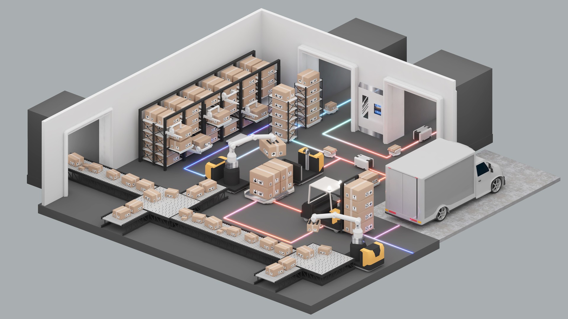 Isometric view of a large Warehouse,The transport vehicle uses a robotic arm.,robots to pick up the goods. using automation in product management, 3D rendering